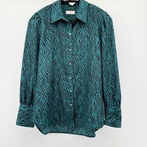 UNTUCKit For Her Carlyn Teal Zebra Print Button Down Shirt Size 6 40770 Bla